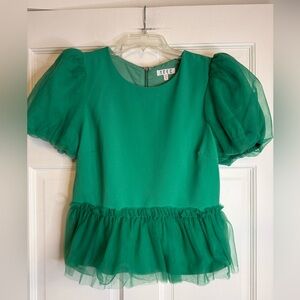 TCEC Green Puff Sleeve Peplum Short Sleeve Top